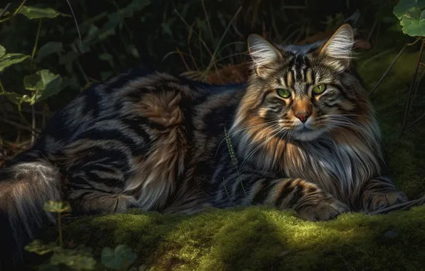 Кошка, кот, взгляд, морда, природа, серый, поляна, мох