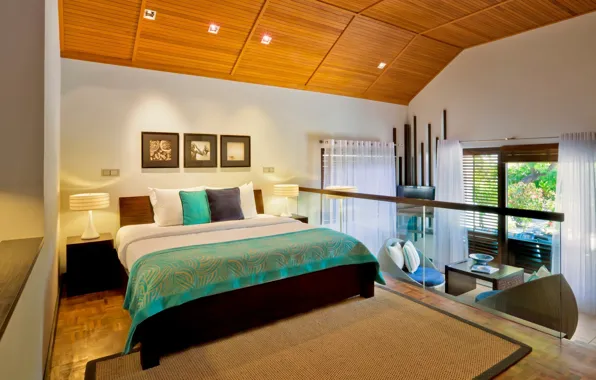 Дизайн, уют, стиль, комната, голубой, кровать, интерьер, подушки