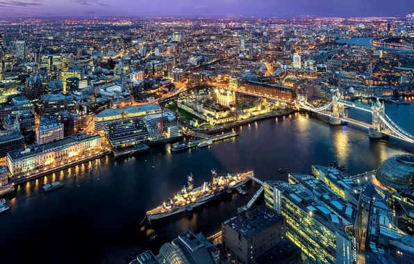 City, lights, river, sky, bridge, sunset, evening, Tower Bridge