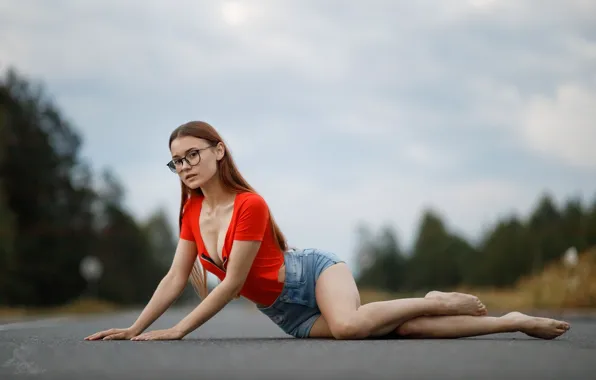 Картинка road, bodysuit, sky, trees, nature, clouds, model, women