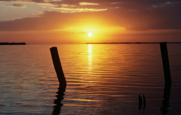 Картинка море, вода, Закат, красивый пейзаж, отражение солнца в воде