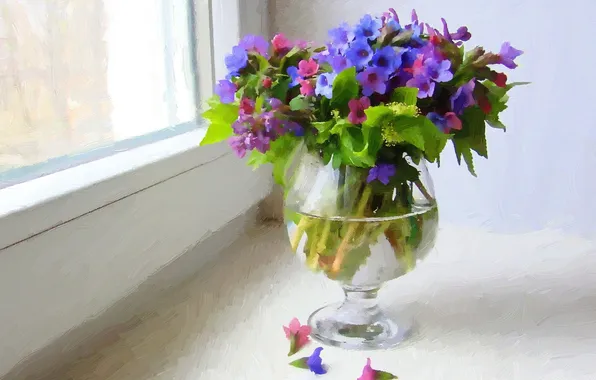 Цветы, картина, лепестки, ваза, разноцветие