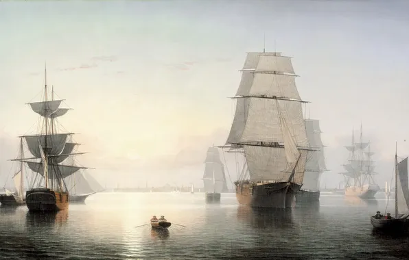 Рассвет, лодка, парусник, корабли, картина, порт, Fitz Henry Lane, спокойное море
