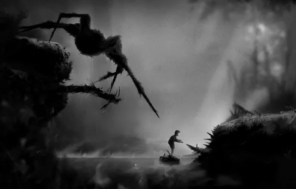 Картинка туман, река, человек, паук, черно-белое, видеоигра, Limbo
