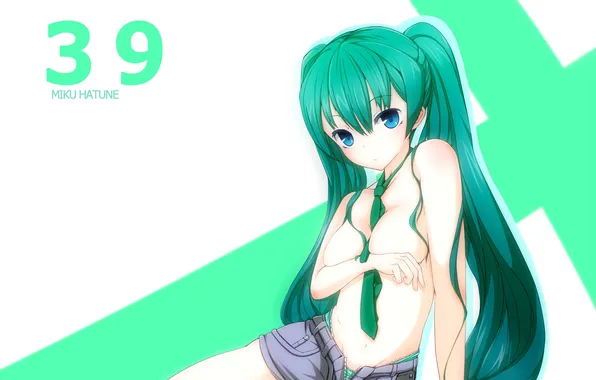 Грудь, шорты, трусики, галстук, голубые глаза, vocaloid, сидит, длинные волосы