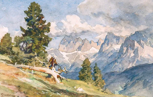 Горы, Деревья, Картина, Немецкий художник, Эдвард Харрисон Комптон, Edward Harrison Compton, Вид на горы Карвендель …