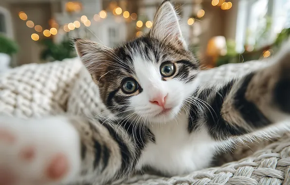 Кошка, поза, котенок, лапки, мордашка, гирлянды, ракурс, серый с белым
