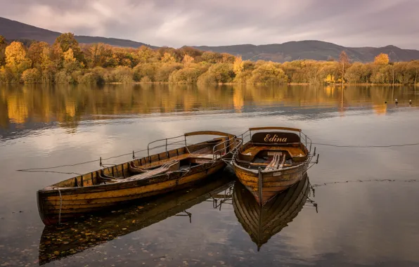 Картинка осень, небо, облака, деревья, озеро, лодка