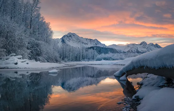 Картинка зима, снег, деревья, горы, отражение, река