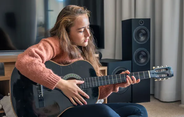 Music, play, girl, guitar, home, learning, teenage, composing