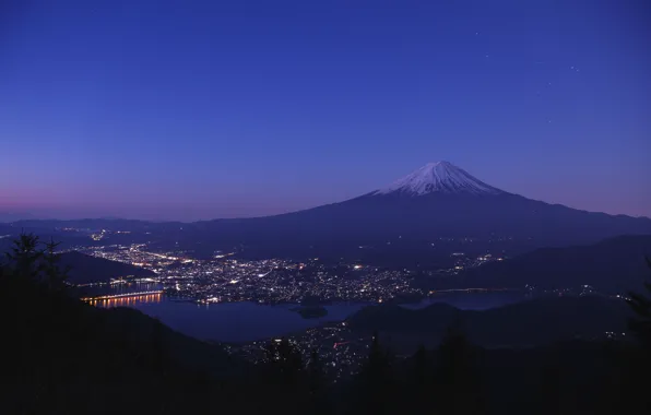 Небо, город, огни, озеро, гора, вечер, Япония, Фудзияма