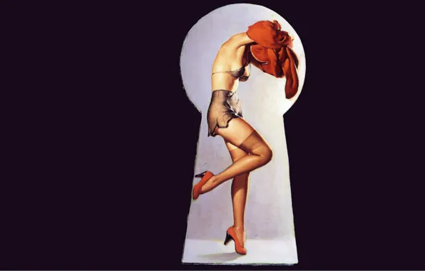 Девушка, чулки, красное платье, нижнее бельё, art, pin-up, замочная скважина, подглядывание