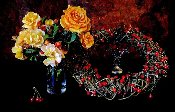 Картинка цветы, ягоды, розы, венок, flowers, berries, roses, wreath