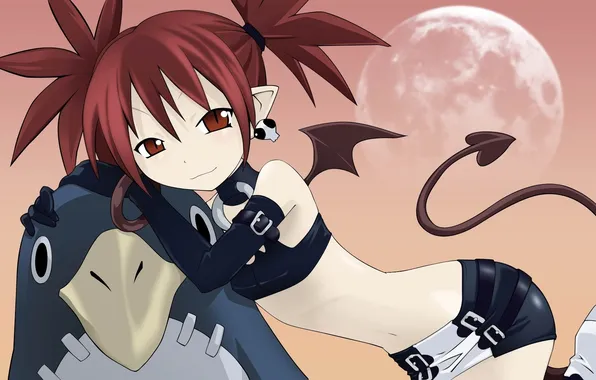Девушка, луна, крылья, демон, хвост, etna, disgaea