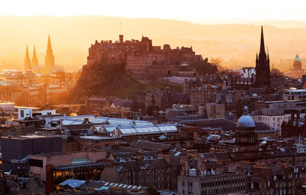 Картинка город, рассвет, здания, дома, утро, крыши, Шотландия, Великобритания