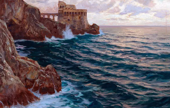 Море, Горы, Скалы, Картина, Форт, Carl O'Lynch of Town, Австрийский художник-постимпрессионист, Карл О'Линч фон Таун