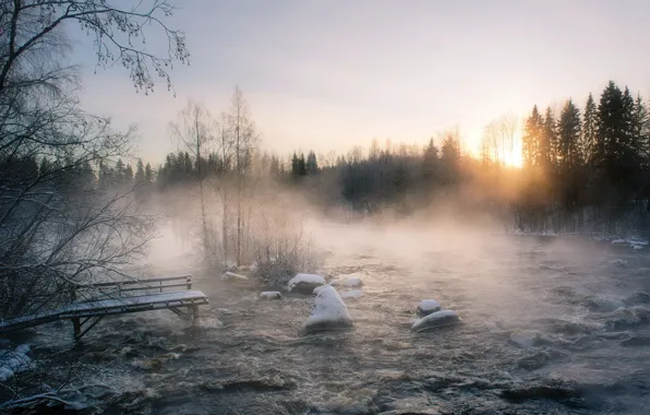Картинка зима, туман, река, утро