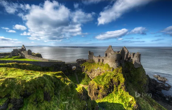 Море, небо, скала, развалины, руины, Северная Ирландия, графство Антрим, Замок Данлюс