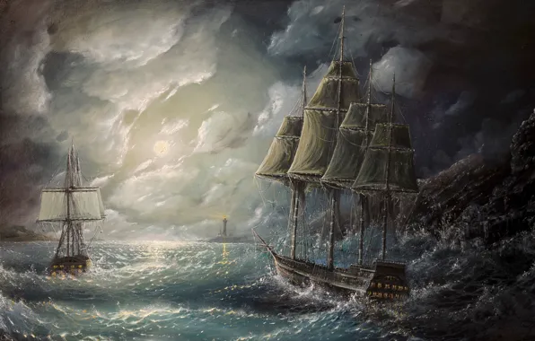 Картинка волны, небо, тучи, шторм, океан, маяк, корабли, паруса