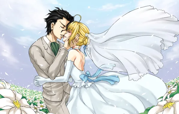 Картинка аниме, арт, пара, Lancer, свадьба, Saber, Fate/zero