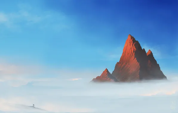 Картинка облака, человек, высота, гора, арт, вершина, пик