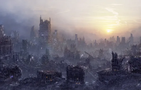 Картинка закат, город, туман, арт, руины, постапокалипсис, заброшенность, i netgrafx