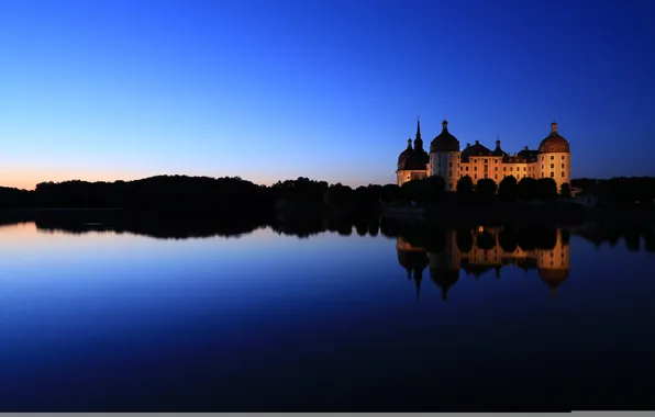 Картинка ночь, река, красота, beauty, Замок Морицбург, Schloss Moritzburg, the night the river