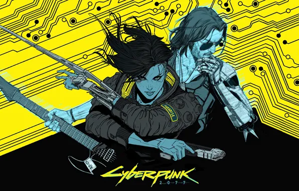 Пистолет, гитара, арт, game, art, Cyberpunk 2077, Johnny Silverhand, Джонни Сильверхэнд