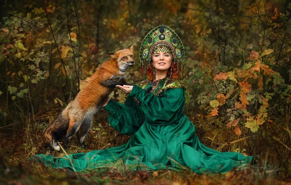 Осень, лес, девушка, природа, поза, стиль, лиса, костюм