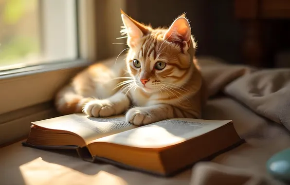 Кошка, взгляд, свет, поза, котенок, окно, рыжий, лежит
