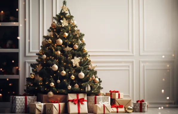 Картинка украшения, комната, шары, елка, Новый Год, Рождество, подарки, new year