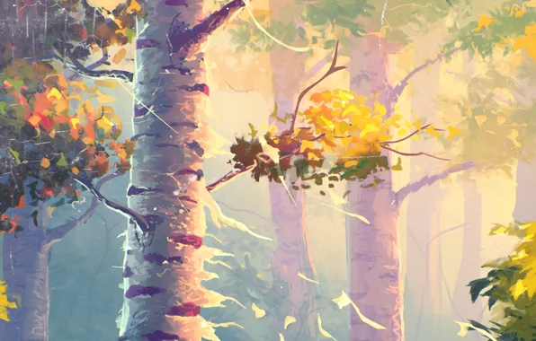 Природа, Осень, Деревья, Живопись, Берёзы
