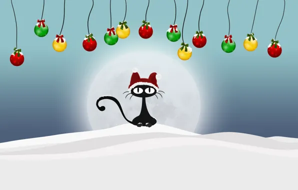 Картинка зима, кот, шарики, снег, новый год