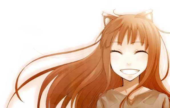 Улыбка, арт, Аниме, Волчица и пряности, Холо, Spice and Wolf, белый фон.