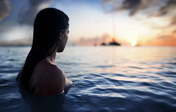 Море, вода, девушка, голая, мокрая
