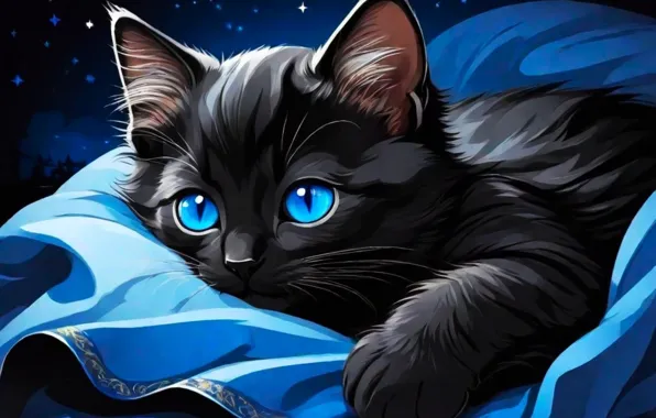 Кошка, взгляд, ночь, поза, котенок, черный, рисунок, постель