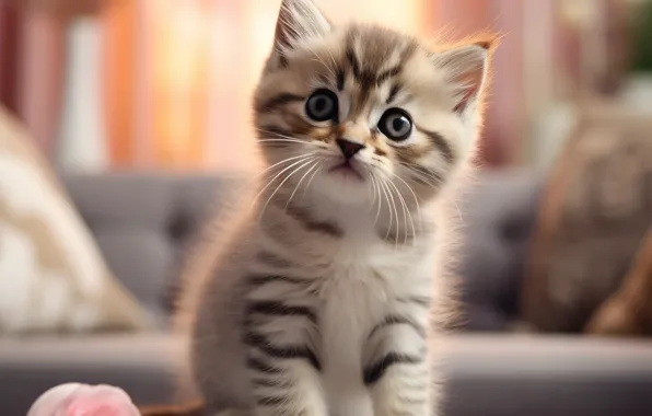 Кошка, цветок, взгляд, поза, котенок, диван, роза, мордашка
