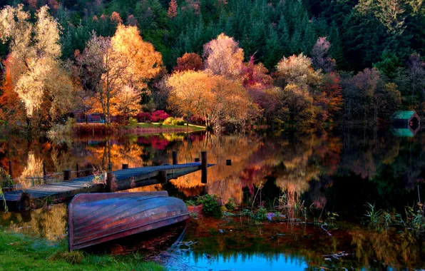 Картинка лодка, природа, дома, листья, Деревья, озеро, лес, трава