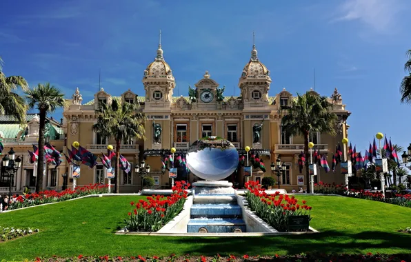 Картинка пальмы, маки, зеркало, фонтан, Monaco, казино, дворец, скульптуры