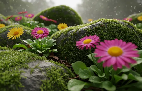 Цветы, камни, обои, мох, арт, wallpaper, art, flowers