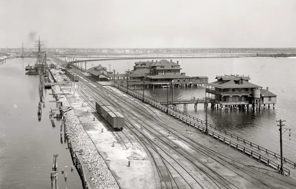 Картинка ретро, корабль, поезд, пирс, США, 1900-й год