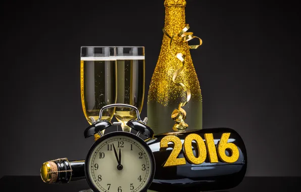 Часы, бутылка, Новый Год, бокалы, golden, шампанское, New Year, clock