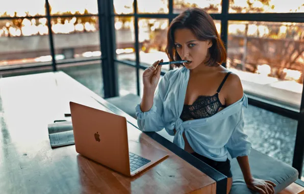 Apple, lingerie, bra, nipples, notebook, blue, Evelyn, short hair