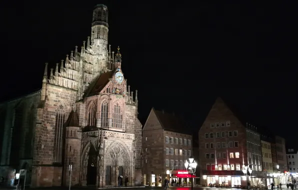 Ночь, огни, Германия, Бавария, площадь, Нюрнберг, Церковь Девы Марии, Главный Рынок