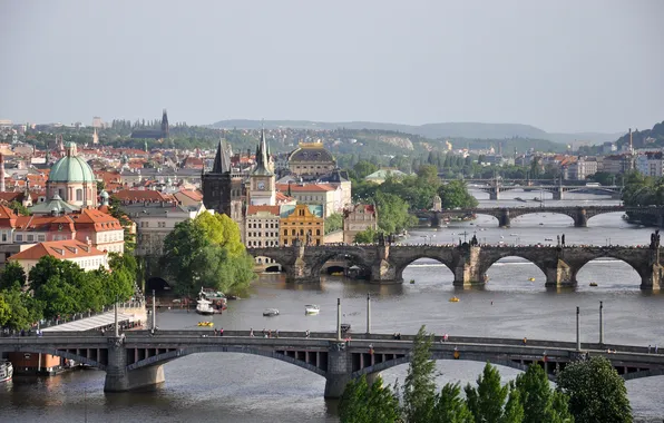 Мост, река, дома, Прага, Чехия, панорама, Влтава