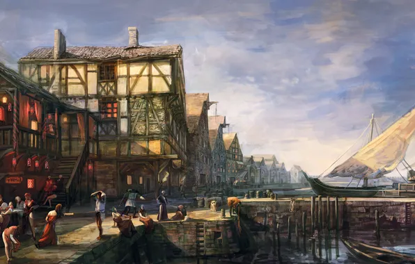Картинка город, люди, лодки, Ведьмак, The Witcher 3: Wild Hunt