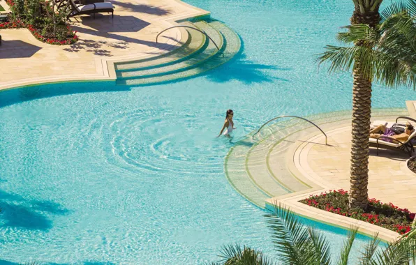 Пальмы, бассейн, курорт, Dubai, ОАЭ, Four Seasons Resort, шикарный отдых, Jumeirah Beach