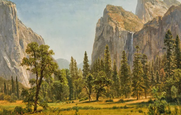 Картинка деревья, пейзаж, горы, природа, картина, Альберт Бирштадт, Водопад Брайдлвейл. Йосемити. Калифорния
