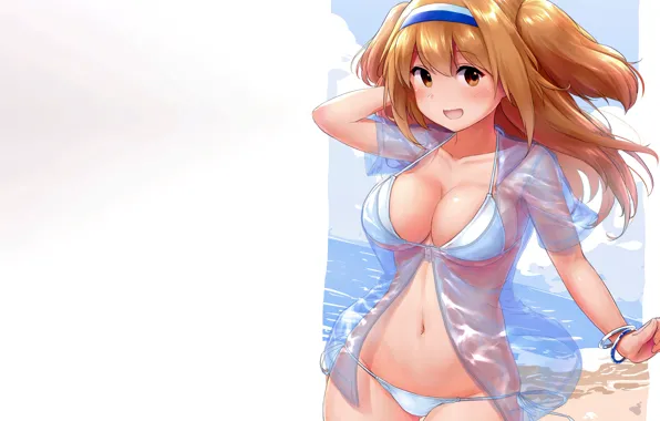 Girl, sexy, cleavage, beach, long hair, sea, boobs, anime