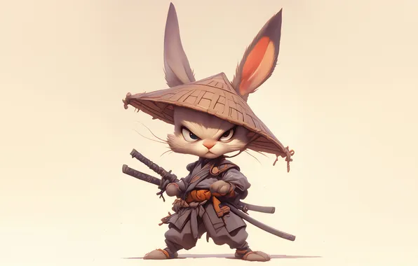 Rabbit, art, katana, samurai, simple background, rabbit-samurai